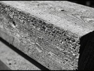 Extreme close-up of heavy, rough-sawn timber grain, deep shadows and highlights from natural workshop light, black and white with subtle mustard tones, 35mm.