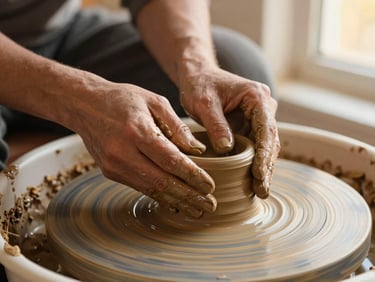 Close-up of a potter's hands shaping wet clay on a spinning wheel, dynamic motion, warm studio light, earthy tones.