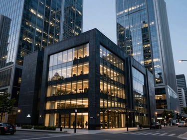 Architectural environmental shot of a modern banking district at twilight, clean reflections, deep navy tones, 35mm