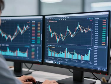 Close-up of a professional analyzing financial charts on a dual monitor screen in a clean office, soft blue lighting, 35mm