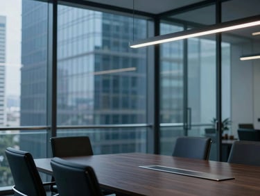 Sharp cool-toned corporate boardroom in Mumbai, modern glass architecture, professional atmosphere, 35mm