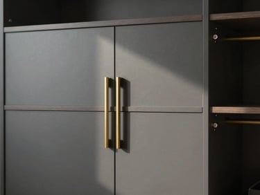 Straight-on architectural detail shot of a custom walk-in wardrobe joinery, matte charcoal finish, muted brass hardware, soft morning light, landscape aspect