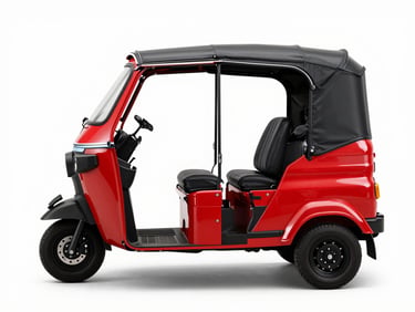 Modern red and black e-rickshaw three-quarter profile, clean studio lighting, white background, sharp focus, 50mm