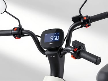 A premium electric scooter close-up showing the digital display and handlebars, showroom background, clean studio lighting, 50mm