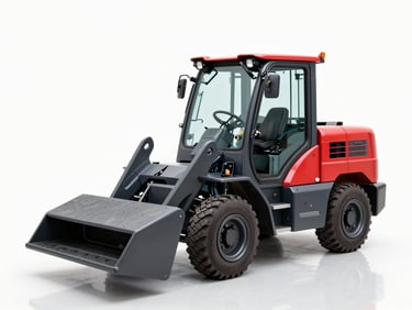 Crisp studio shot of a rugged electric loader vehicle with a large flatbed cargo area, red cabin