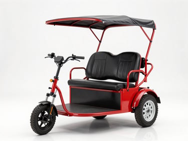 Crisp studio shot of a modern passenger e-rickshaw with red metal frame and comfortable black seats