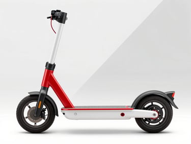 Crisp studio three-quarter profile of a sleek red and white electric scooter, sharp focus, 50mm