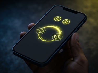 Sleek smartphone displaying a secure double-blind contact alert interface, clean dark mode UI, glowing neon yellow accent line, macro focus, studio lighting