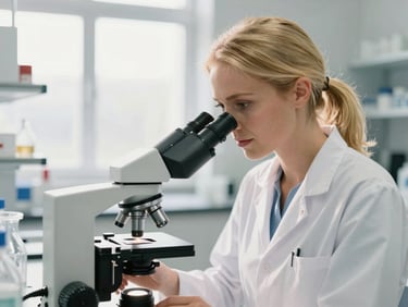 A beautiful professional Scandinavian blonde female laboratory technician with radiant skin, focused on her work, looking into a microscope in a bright clean modern clinical laboratory, soft warm window light, 35mm photography