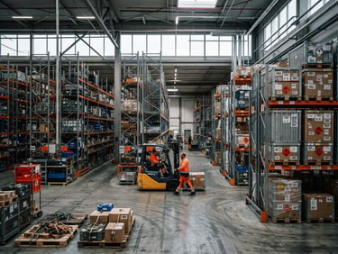 Industrial documentary photography of a high-contrast warehouse environment with desaturated steel shelves and organized shipping containers, cool overcast daylight, sharp 50mm lens