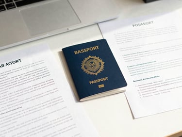 Organized legal documents with a Brazilian passport, flat-lay on a clean desk, bright natural daylight, soft sun-drenched tones, purposeful moment