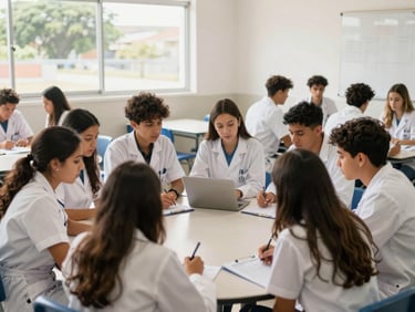 Brazilian medical students collaborating in a study group on a modern Paraguayan university campus, authentic and candid, bright natural daylight, soft sun-drenched tones