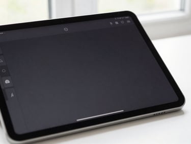 Macro shot of a modern dark-mode application interface on a tablet, soft natural window light, clean workspace background, sharp focus, 50mm lens