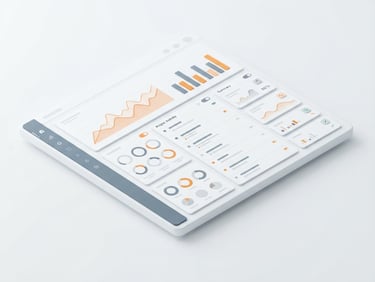 Isometric high-fidelity UI mockup of a clean SaaS dashboard, bright high-key studio lighting, minimalist white and slate tones with subtle orange accents, sharp focus, 50mm lens