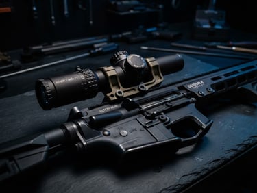 Macro close-up of a premium rifle receiver and optic on a dark slate workbench, low-key side lighting with subtle deep blue rim highlights, clean and organized workshop background, 50mm lens