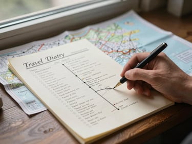 Documentary close-up of a hand-annotated travel itinerary on cream paper beside a folded map, north-facing window light, no people visible