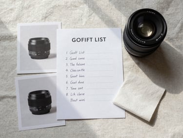 Flat lay from above — curated product samples, a printed gift list with handwritten annotations, and a small swatch of wrapping tissue on a pale linen surface, soft window light