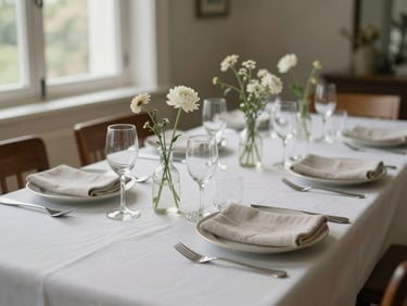 Wide environmental shot of an elegantly set dining table before guests arrive — linen napkins, simple floral stems, soft natural daylight from a side window, no people