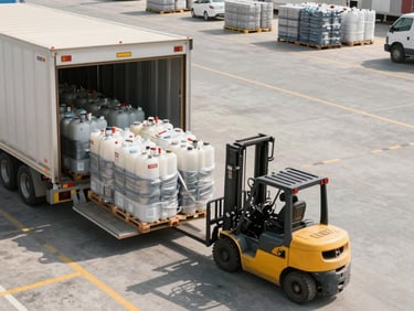 Overhead logistics view of a Meydan Free Zone loading dock, forklift moving palletised chemical containers toward a freight door, natural daylight, facility markings on floor, organised workflow