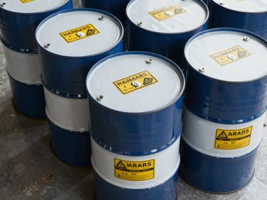 Close-up overhead shot of stacked industrial chemical drums with standardised hazard labels on a warehouse floor, daylight from above, clean steel surface, sharp detail on container markings