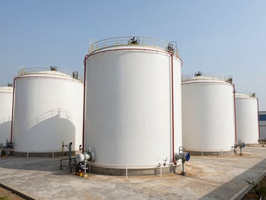 Wide shot of bulk commodity chemical storage tanks inside a free-zone facility, large cylindrical vessels with pipeline connections, industrial daylight, clean concrete floor, depth of field