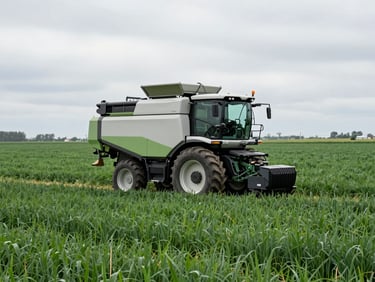 Precision agriculture machinery operating in a vast field under overcast natural daylight