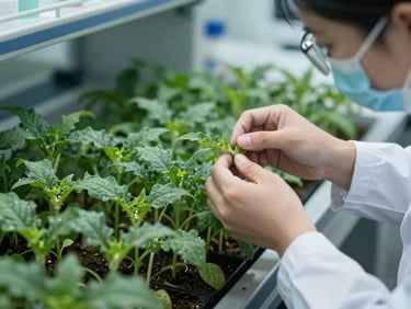 Close-up of a scientist in a sterile laboratory inspecting gene-edited crop seedlings under cool daylight