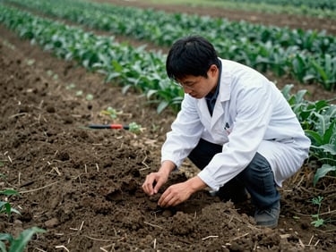 Soil scientist taking core samples in an experimental crop trial field, natural lighting