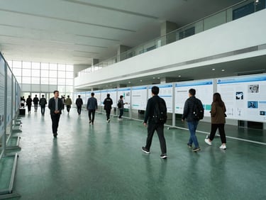 Medium-wide environmental shot of a modern scientific exhibition hall interior, natural cool-toned daylight, researchers walking past poster presentations in the background, 35mm lens
