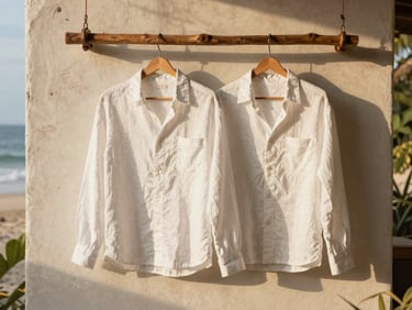 Two white linen shirts hanging on a rustic wooden rack against a textured plaster wall, warm sunlight, soft shadows, organic lifestyle