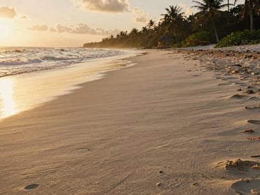 A quiet, expansive beach in Tulum at sunset, golden light reflecting on wet sand, low horizon, cinematic atmosphere, 35mm.