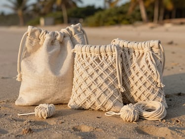 Bolsas de macrame con algodón en la playa 