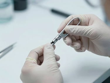 Skilled technician's hands in sterile gloves performing a detailed inspection and calibration of a hemostatic forceps, under bright, cool task lighting.