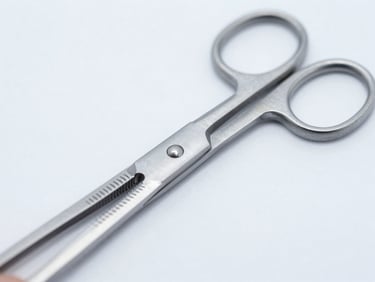 Extreme macro close-up of surgical scissors blades, showing fine serrations and satin finish, cool studio lighting, sterile white background.