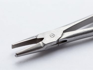 Macro shot of surgical forceps tips, highlighting the textured gripping surface and laser-etched serial number, cool studio lighting, sterile white background.