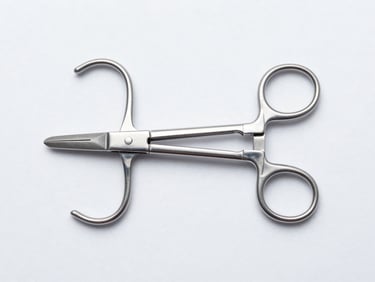 Top-down flat lay of a self-retaining surgical retractor, showcasing its mechanical design and clean lines, cool studio lighting, sterile white background.
