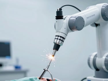 Close-up of a robotic arm precisely polishing a surgical instrument, sparks contained, in a clean, sterile manufacturing environment, cool industrial lighting.