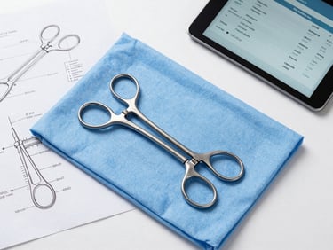 Top-down flat lay of a surgical instrument set on a sterile blue cloth, surrounded by technical drawings and a digital tablet displaying supply chain metrics, cool studio lighting.