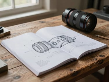 A detailed physical blueprint lying open on a rustic wooden worktable, illuminated by soft window light.