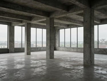 Interior of a spacious, empty room with raw concrete columns and large windows letting in dramatic overcast daylight.
