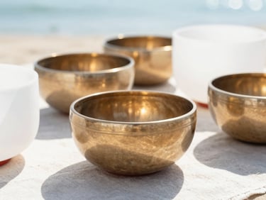 Close-up of polished crystal singing bowls reflecting bright midday sun, on a light linen surface, shallow depth of field, high-key lighting.