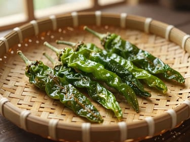 Sun-dried salted green chilies, traditionally known as Mulak Kondattam, resting on a woven bamboo tray under soft natural light.