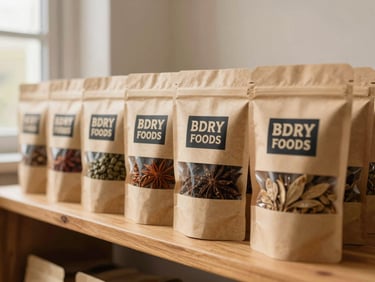 A neatly stacked row of BDRY Foods craft paper packages with clear windows showing dried spices, sitting on a clean wooden shelf with soft natural lighting.