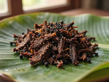 Close-up of traditional Kerala Idiyirachi, shredded dried beef seasoned with coarse black pepper, on a banana leaf.