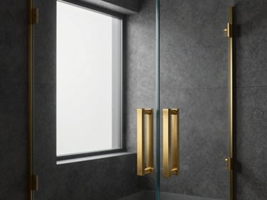 Minimalist bathroom interior with a custom glass partition, brushed gold hardware, clean reflections, luxury architectural photography