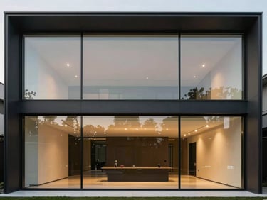 architectural photography, sharp daylight, deep graphite and gold tones, minimalist luxury villa facade with massive glass panels and thin black aluminum frames, crisp reflections, high-end residential engineering.