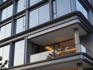 Modern glass facade of a luxury residence showing crisp sky reflections, sharp architectural lines, minimalist steel supports