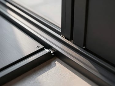 Detailed close-up of a brushed black aluminum sliding door track, flush floor transition, minimalist luxury interior, sharp daylight