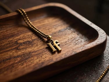Dramatic close-up of a hand-carved wooden tray with an Opele Ifá chain resting on its edge, warm side-lighting casting deep shadows over the wood grain, 35mm photography.