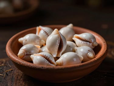 Polished white cowrie shells in a traditional rustic terracotta ceramic dish, dark background, rich earth tones, dramatic chiaroscuro lighting, macro lens, 35mm
